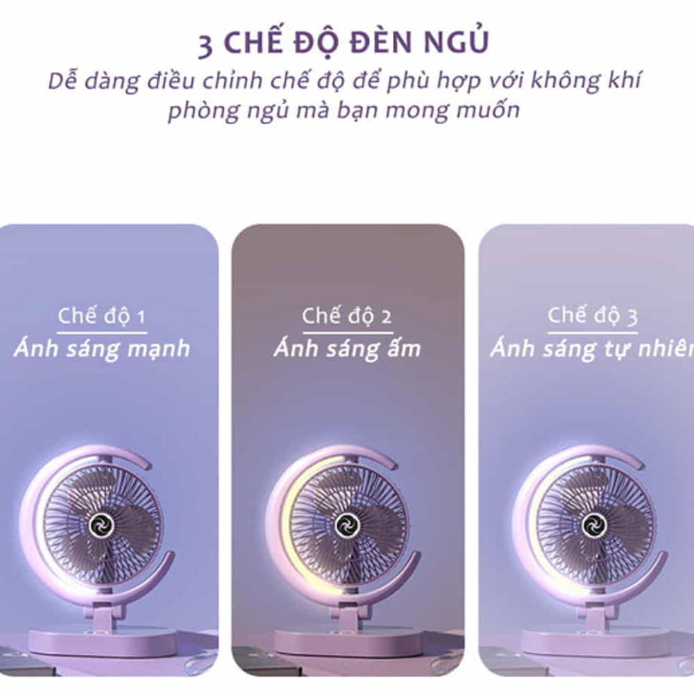 Quạt Để Bàn Tích Điện Mini 3 Cấp Độ Gió Teement, Tích Hợp Đèn Ngủ Động Cơ Không Tiếng Ồn Pin Pin 1200mah , Điều Chỉnh Lên Xuống 360°- Hàng Chính Hãng