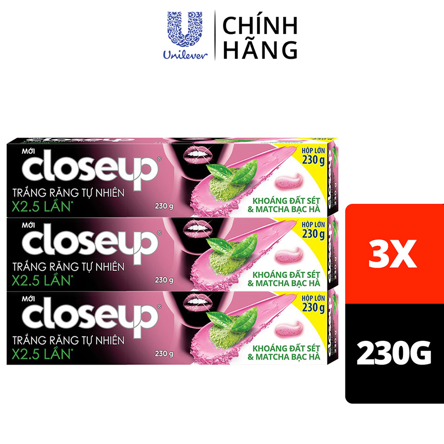 Combo 3 Kem đánh răng dạng Gel Closeup Trắng Răng Tự Nhiên Khoáng Đất Sét & Matcha Bạc Hà 230g cho răng trắng tự nhiên hơn 2.5 lần