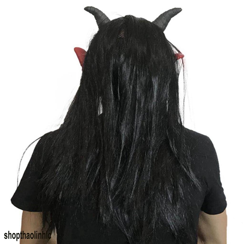 Mặt nạ đỏ 2 sừng kèm bộ tóc đen dài dùng trong hóa trang halloween,trung thu,sự kiện,lễ hội độc đáo