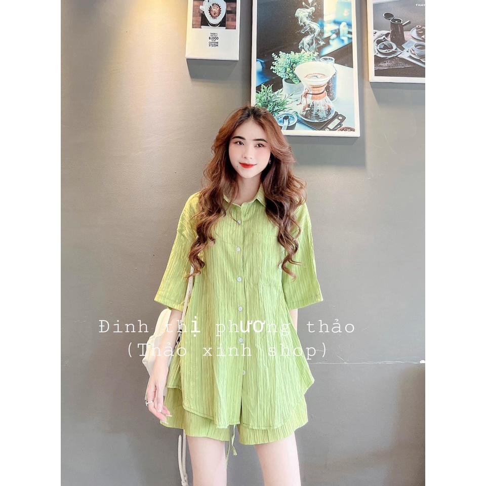 Bộ đùi nữ Set sơ mi sọc xanh lá cột nơ lưng, Set sơ mi sọc xanh lá quần sooc chất đũi thắt nơ lưng
