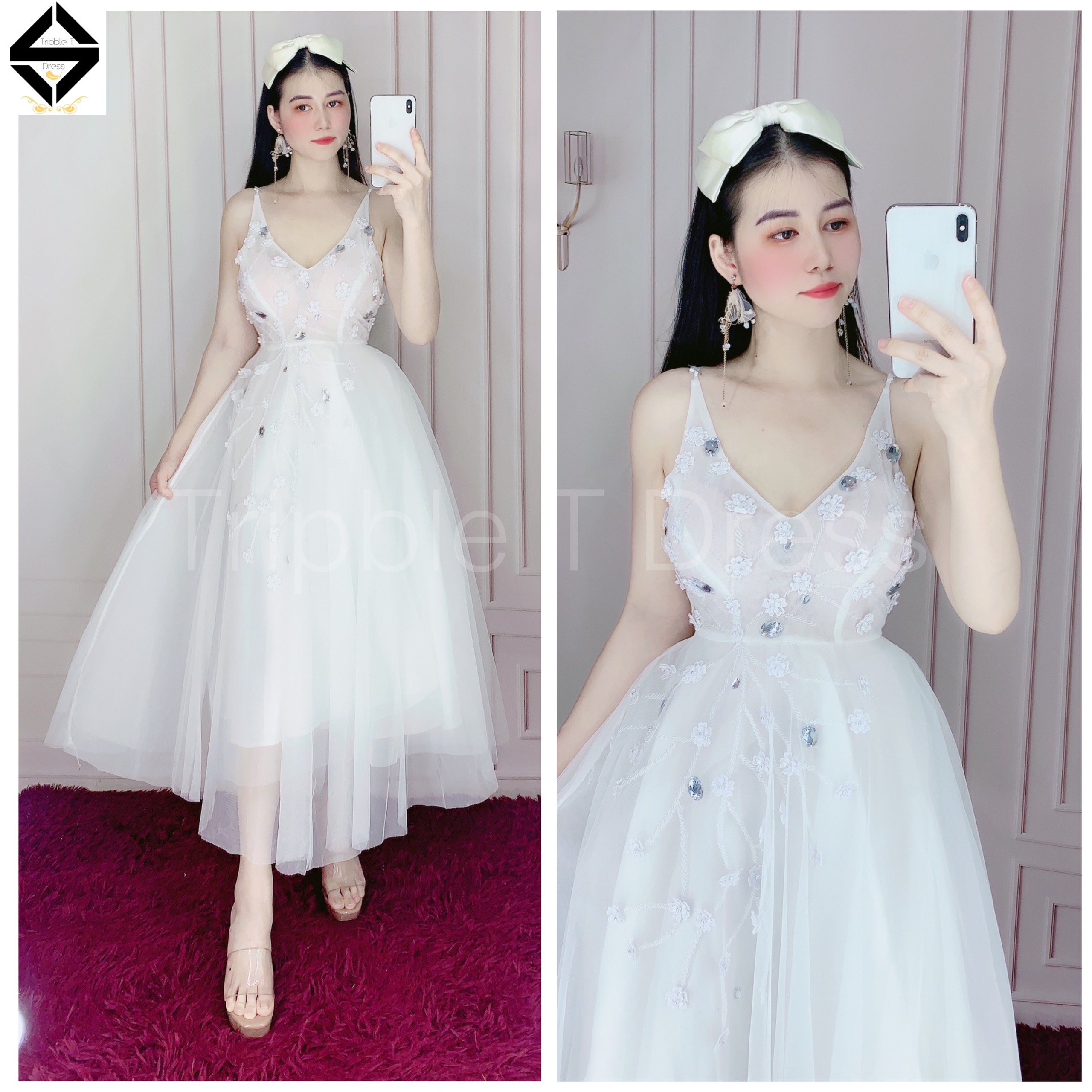 Đầm dự tiệc 2 dây kết cườm và hoa mai nổi TRIPBLE T DRESS - size M/L - MS301V