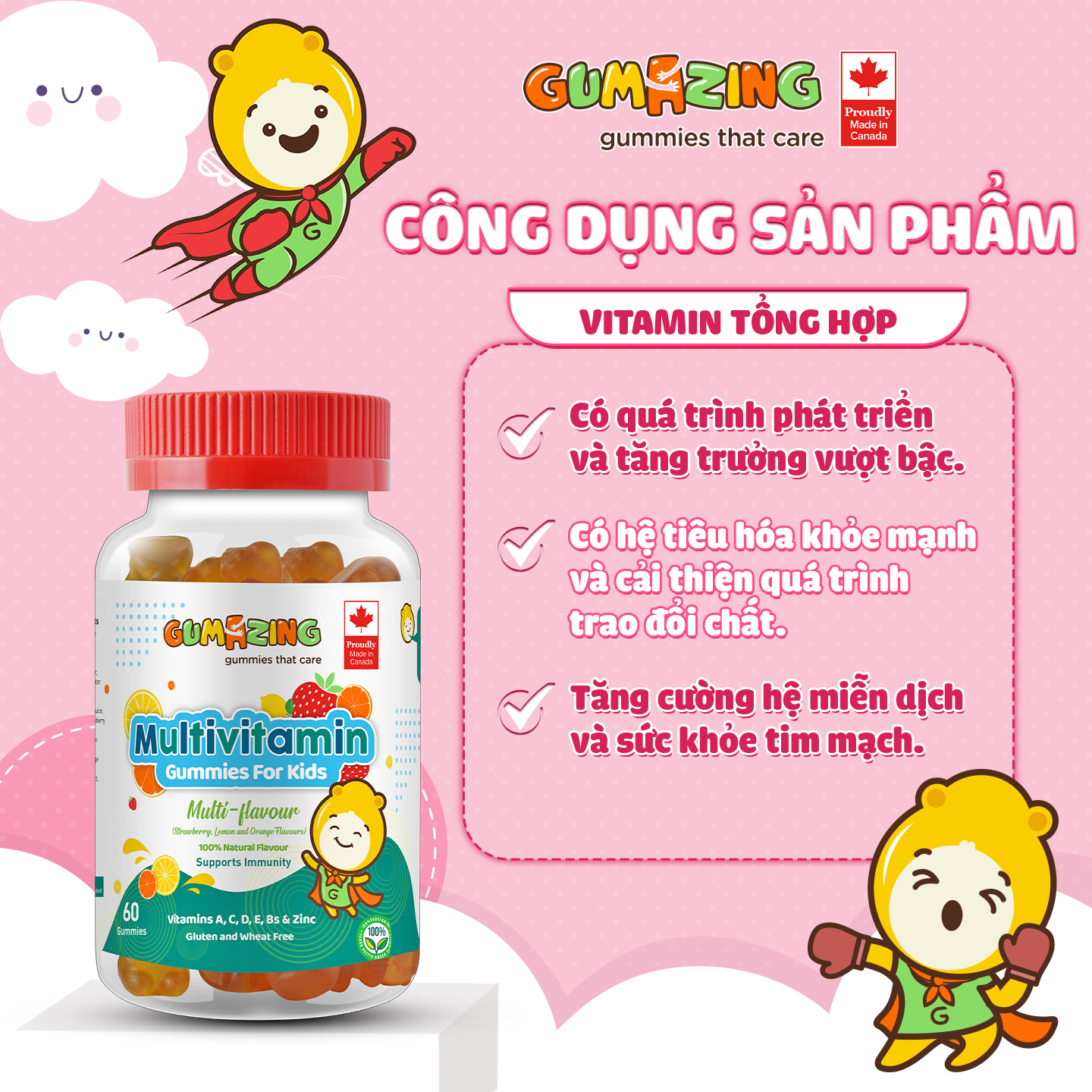 Combo 2 hũ kẹo dẻo dinh dưỡng Gumazing Gummy Vitamin D3 & Canxi + Multivitamin giúp xương chắc khỏe, tăng cường sức khỏe cho bé