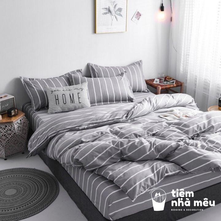 Bộ Chăn Ga Gối Cotton 3D m6/m8/2m - Full size Tiệm Nhà MêuSet 4 Món 2 Vỏ gối ,drap vỏ chăn Kẻ Xám Đơn Giản Nhập Khẩu