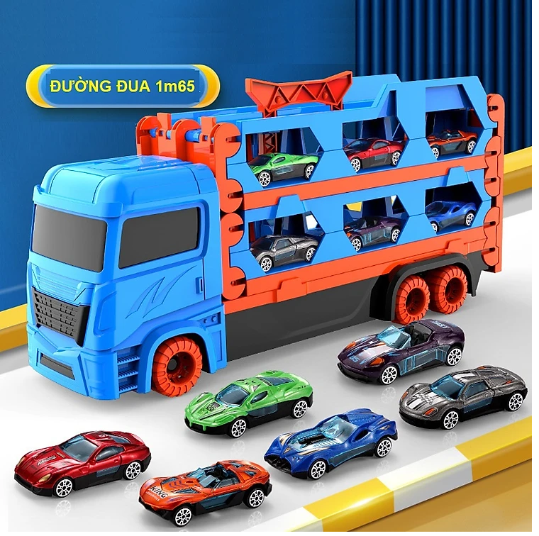 Ô tô đồ chơi xe tải 3 tầng kèm 6 xe đua nhỏ mô hình đường đua xe dài 1,65m có thể gấp gọn cho bé