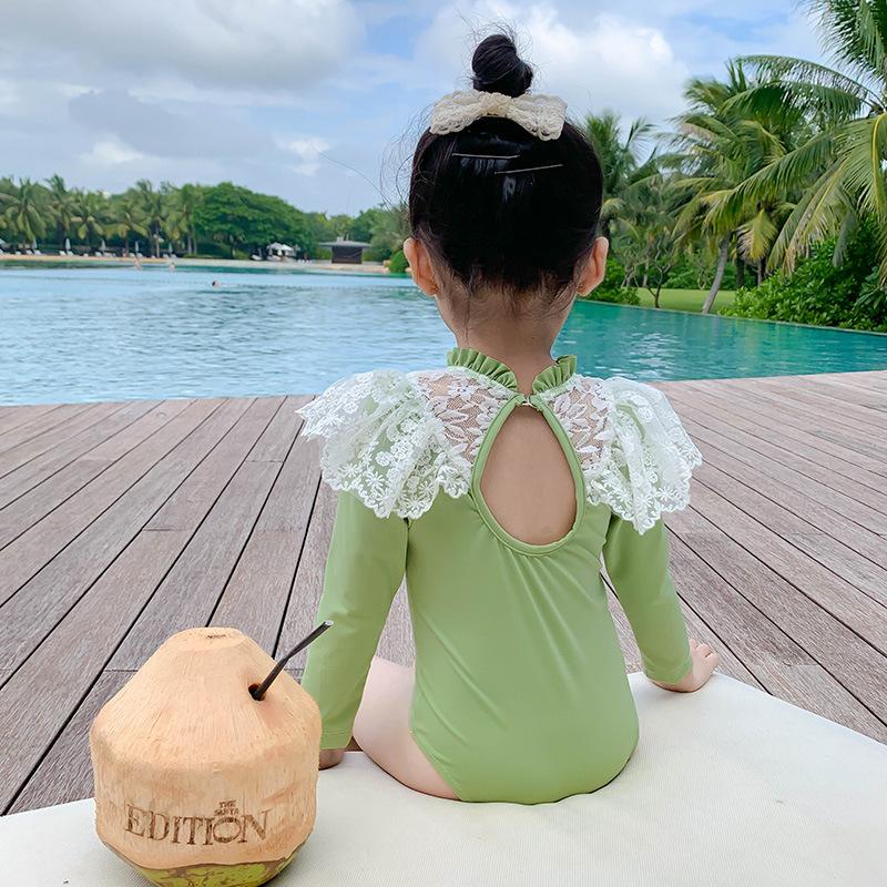 Bé Gái Đồ Bơi Thời Trang Lớn Cổ Phối Ren Công Chúa Bé Gái Đồ Bơi Tay Dài Một Mảnh Trẻ Em Bikini Áo Tắm Trẻ Em