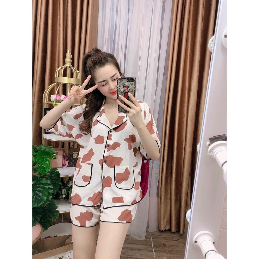 Bộ Piyama Bò Sữa nữ Quần dài Cute RẺ ĐẸP Set Bộ Đùi Mặc Nhà - Satin Lụa Họa Tiết Sang chảnh- HIỀN LINH SHOP SET ĐỒ BỘ NỮ