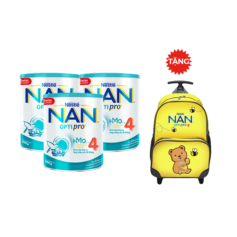 Combo 3 Lon Sữa Bột Nestlé NAN OPTIPRO HM-O 4 900g - Tặng Balo Kéo Chú Gấu Vàng