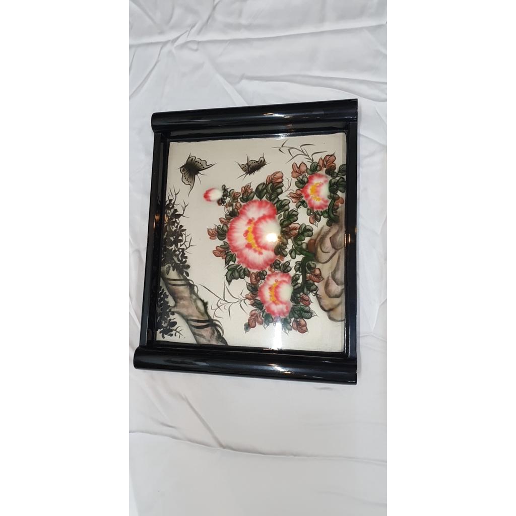 Khay gỗ sơn mài cao cấp Thanh Bình Lê khảm trai xà cừ, ép lụa size 34x16.5 cm sang trọng