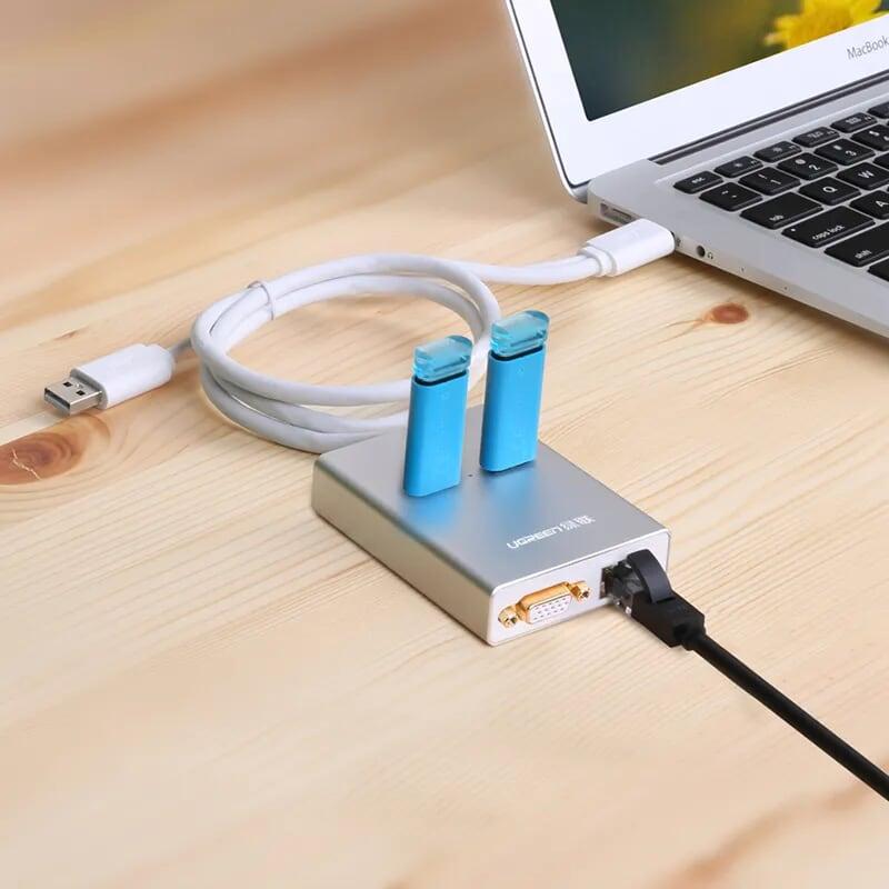 Ugreen UG4024240242TK 80CM màu trắng Bộ chuyển USB 3.0 sang 2 USB 3.0 + VGA + LAN hỗ trợ nguồn - HÀNG CHÍNH HÃNG