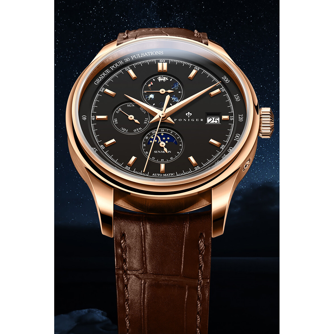 Đồng hồ nam Poniger P815-2 Chính hãng ,Kính sapphire nguyên khối ,chống xước,chống nước 50m,mặt đen vỏ vàng hồng dây da nâu