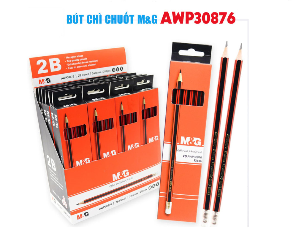 Hộp chì chuốt 2B M&G AWP30876 sọc đỏ đen, có gôm - 12 cây/ hộp