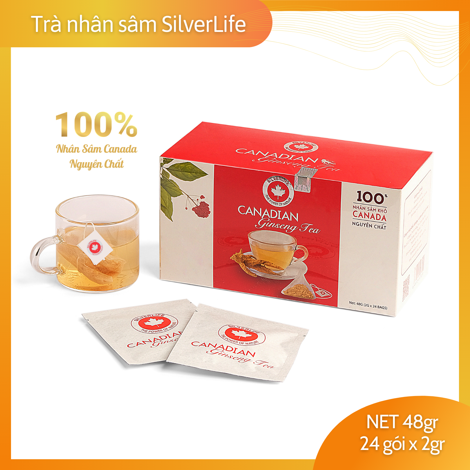 Trà nhân sâm Canada SilverLife hộp 24 gói 48g - 100% nhân sâm Canada tự nhiên nguyên chất - Giúp giải nhiệt, tăng cường sức khoẻ