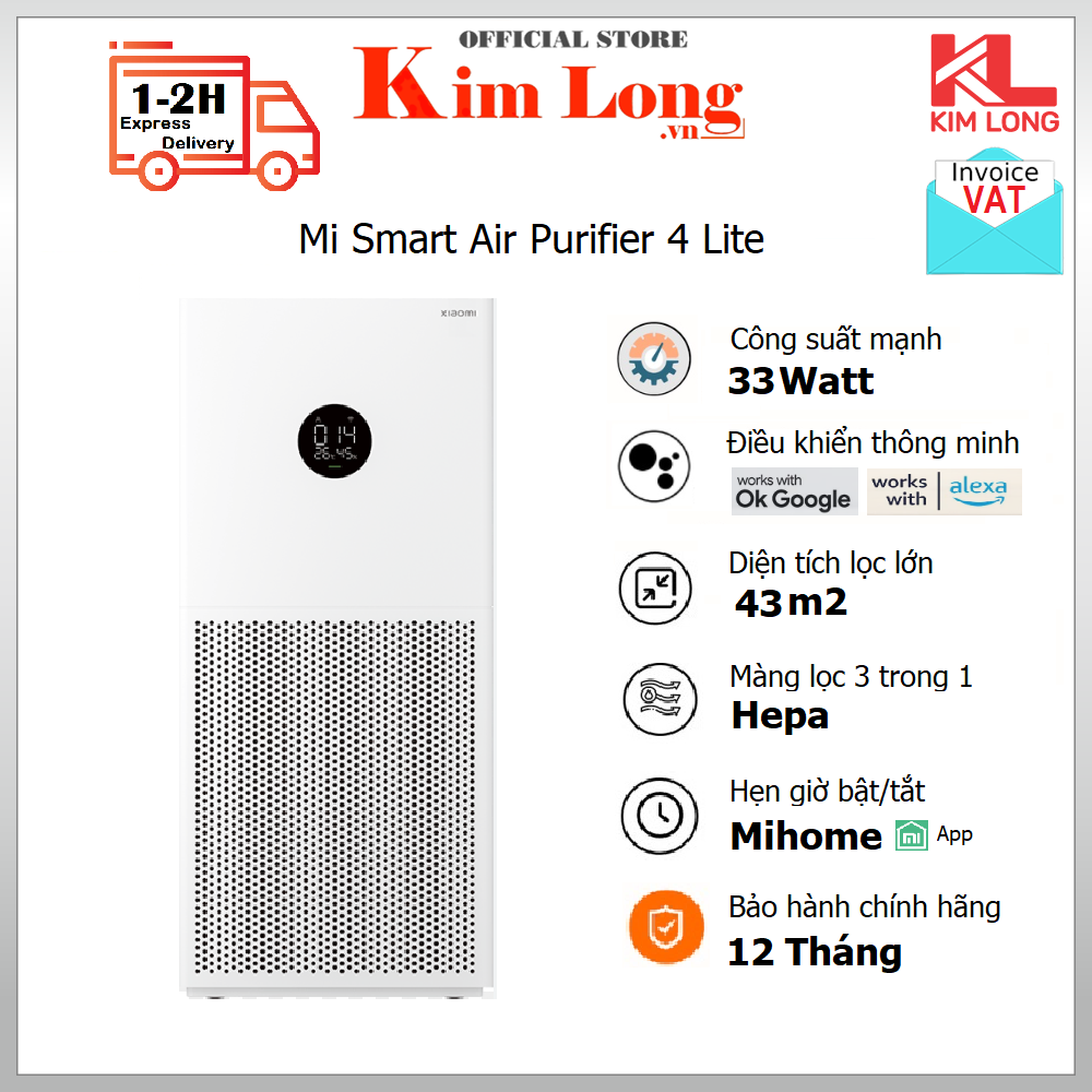Máy lọc không khí Xiaomi Mi Air Purifier 4 Lite Diện tích lọc lớn 43m2 Bản quốc tế, AC-M17-SC - Hàng chính hãng