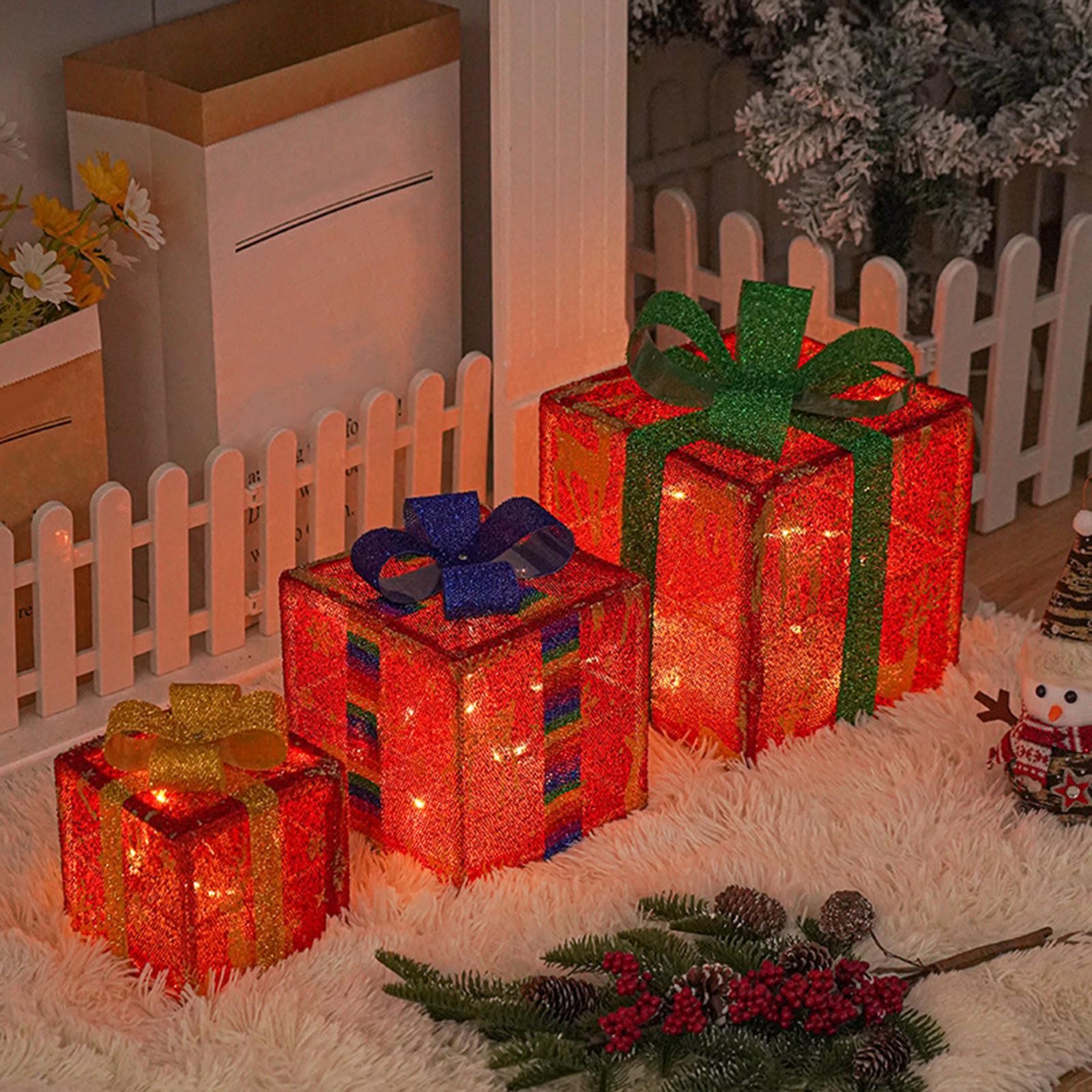 3Pcs Christmas Light up Present Boxes Decoration with Bowknot for Front Door