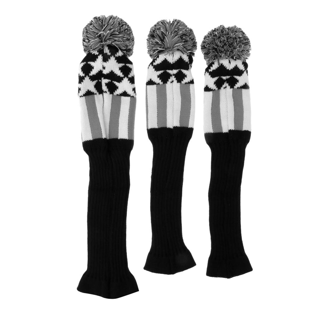 3 Pieces Golf Headcover Knit Pom Pom Retro Classic Vintage Head Cover Set, Choose Colors