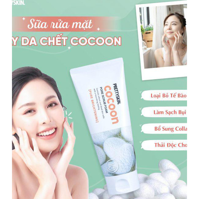 Sữa rửa mặt tẩy da chết kén tằm thải độc cho da, bổ sung collagen Prettyskin Cocoon Scrub Foam 150ml tặng móc khóa
