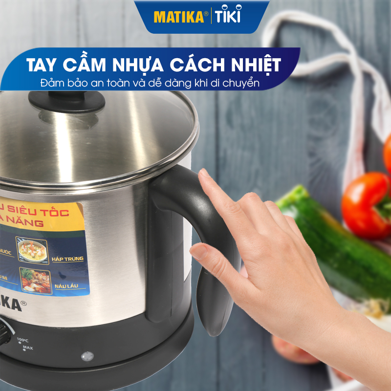 Ca Nấu Đa Năng 1.6L Inox 304 Matika MTK-1612 Công Suất 600W ,Ca Nấu Siêu Tốc,Nồi Lẩu Điện Mini,Nấu Mì. Nấu Lẩu,Đun Nước,Luộc Trứng -Hàng Chính Hãng