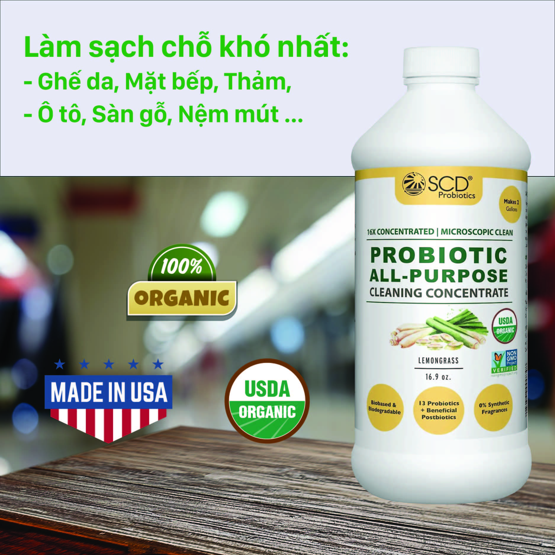 Nước làm sạch Sinh học Đa năng - Hương Lemongrass - All-Purpose Cleaning Concentrate (SCD Probiotics, USA) - 500ml Đậm đặc