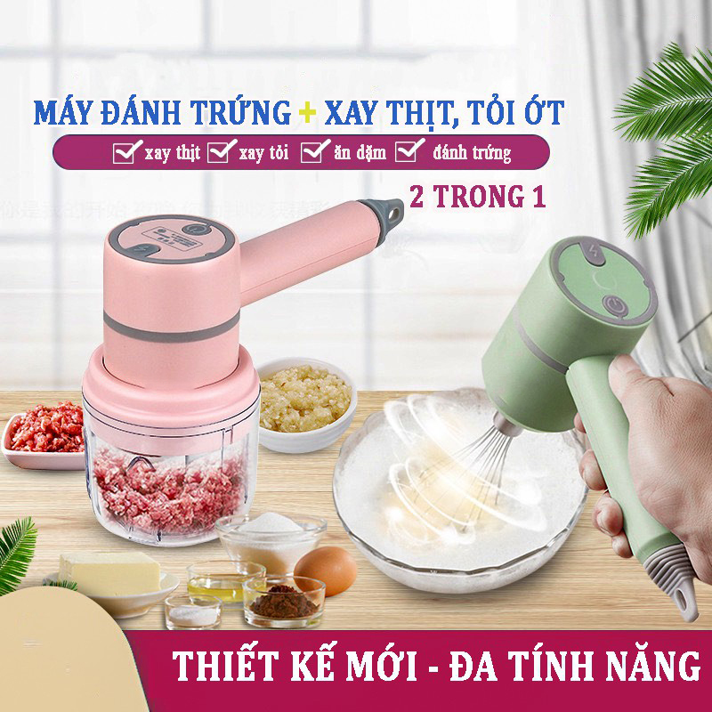 Máy Đánh Trứng kiêm máy xay thịt, trộn bột mini cầm tay 3 trong 1 sử dụng sạc USB