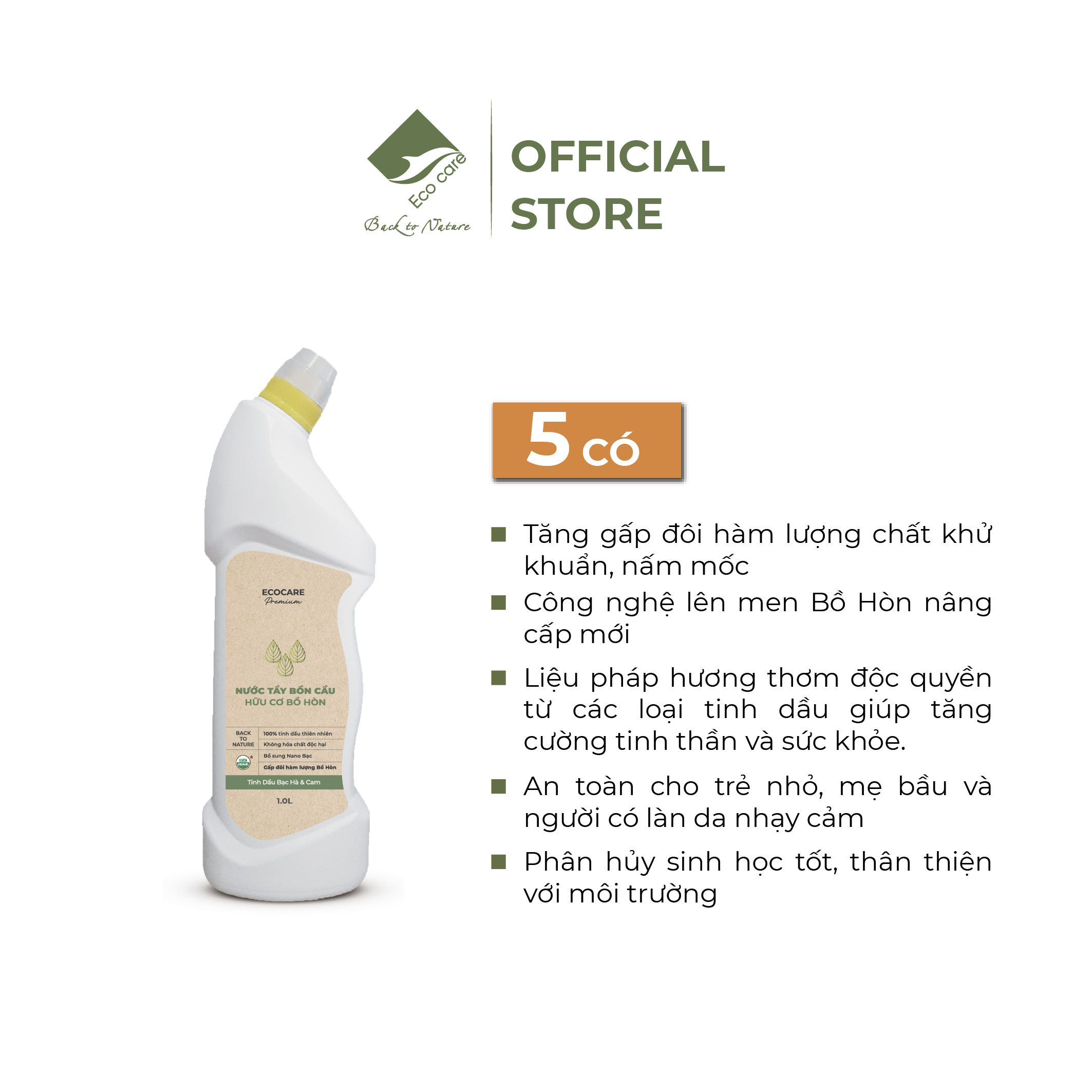 Nước Tẩy Bồn Cầu Hữu Cơ Diệt Khuẩn ECOCARE 1000ml Hương Cam Bạc Hà Thơm Mát, Chai Tẩy Rửa Nhà Vệ Sinh Siêu Sạch