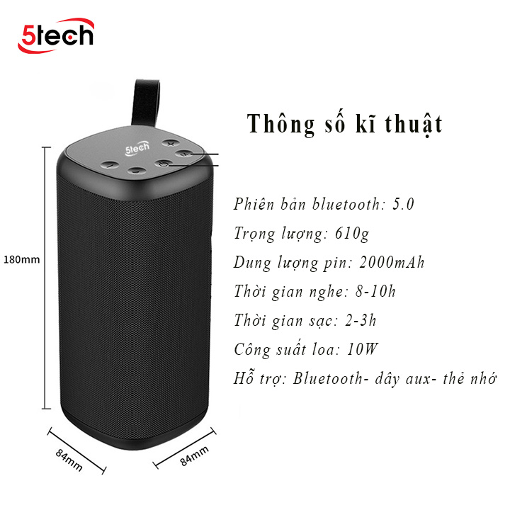 Loa bluetooth 5TECH BS2 hàng chính hãng, loa mini cầm tay di động nghe nhạc cực hay hỗ trợ cắm thẻ nhớ, USB dành cho điện thoại, máy tính...