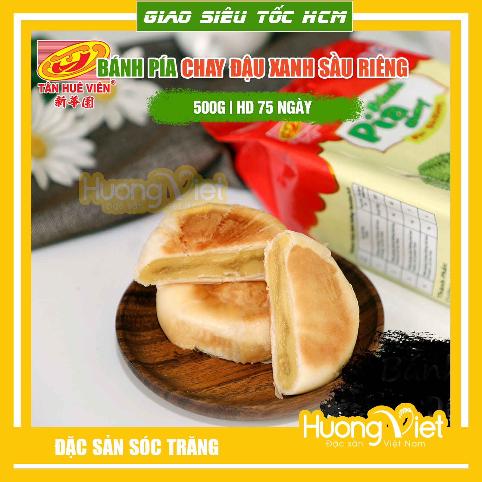 Đặc Sản Sóc Trăng - Bánh Pía Chay Đậu Xanh Sầu Riêng Tân Huê Viên Lớn 500G, Bánh Pía Sóc Trăng Ăn Chay Không Trứng Muối