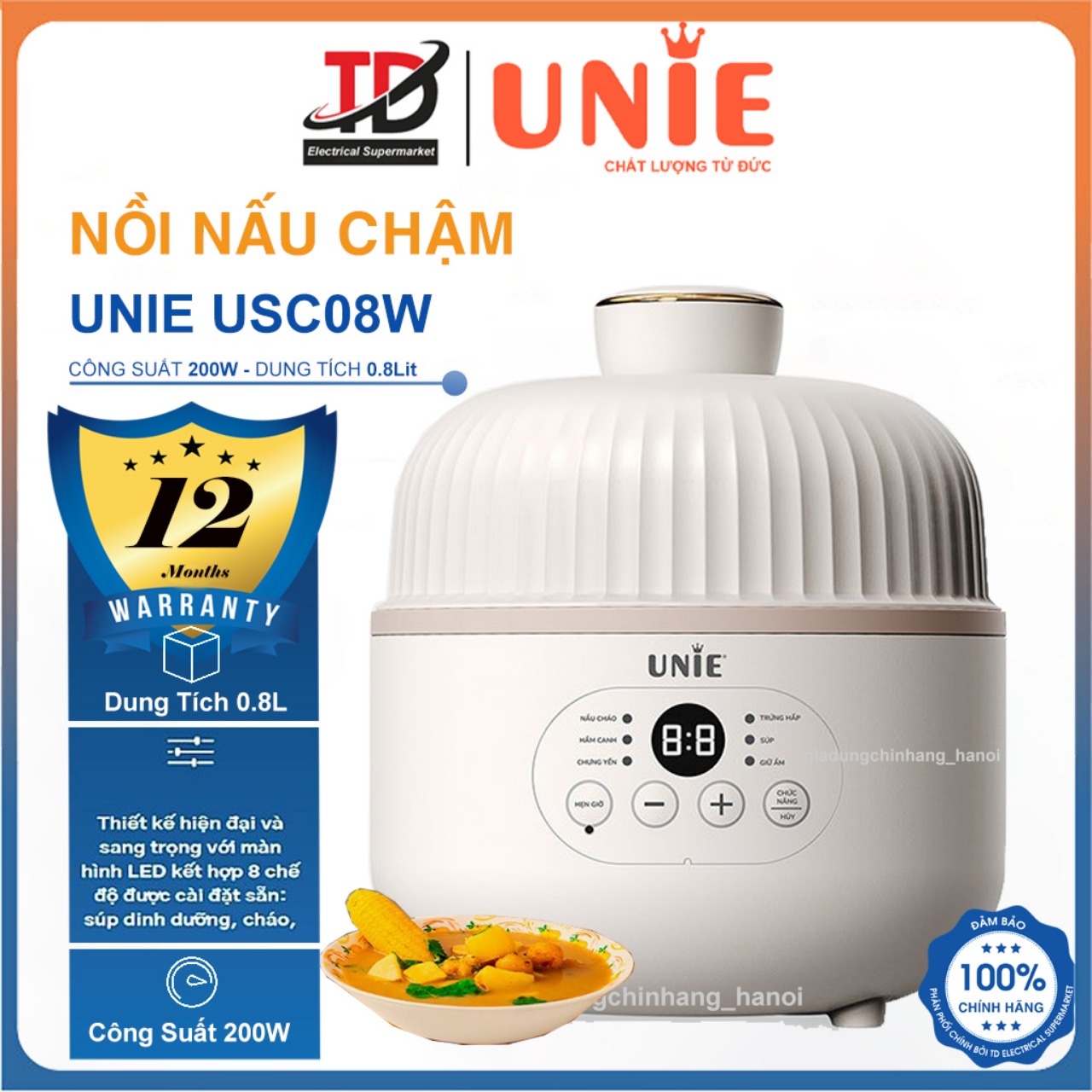 Nồi Nấu Chậm Unie USC08W, Thố Gốm 0.8Lit, 6 Chức Năng, Hẹn GIờ Nấu 12 Tiếng, Hàng Chính Hãng