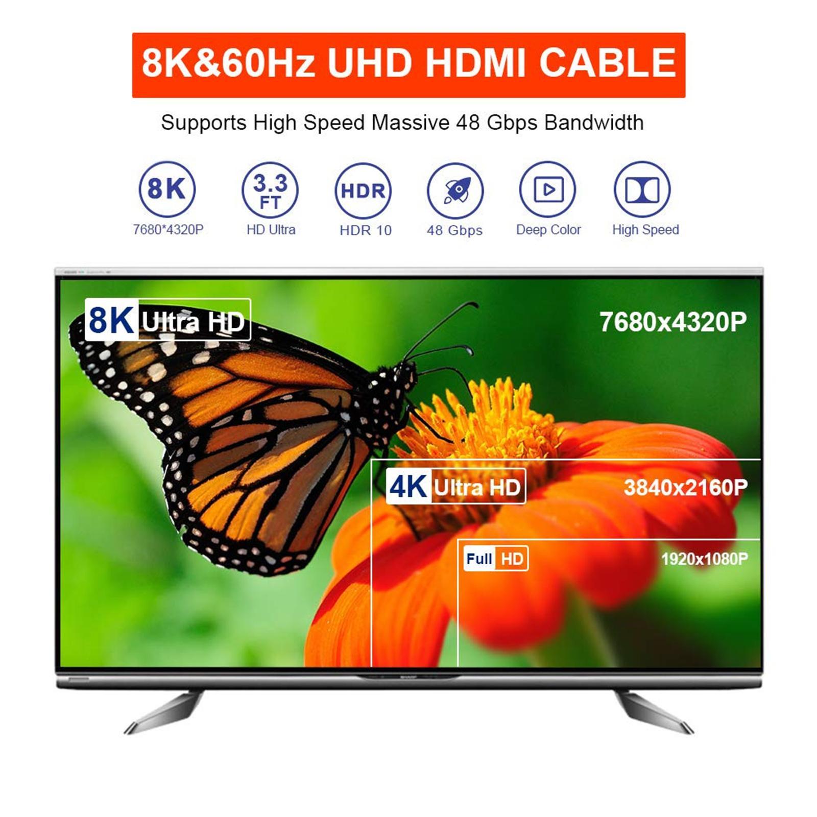 8K HDMI Cable 2.1, 48Gbps Audio Video HD Cable for UHD TV Laptop Game Consoles Projector