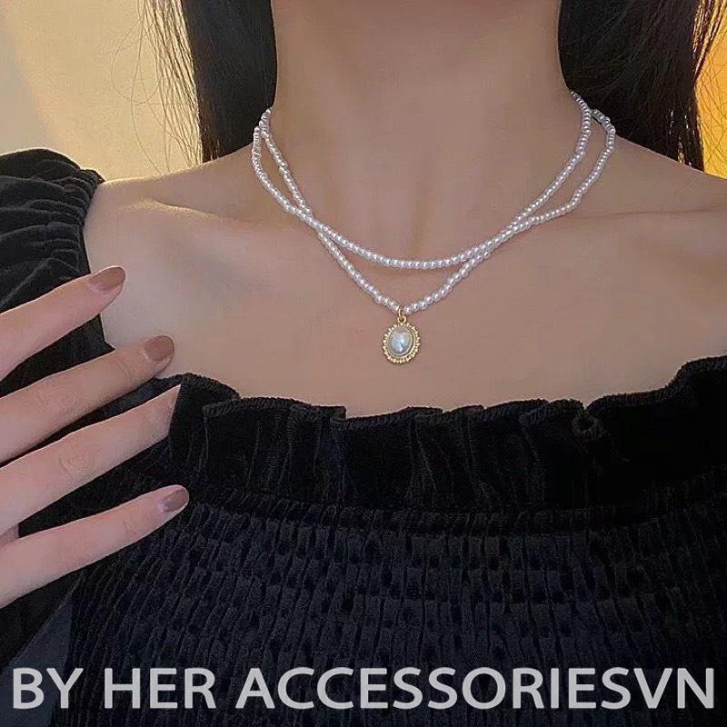 Dây chuyền nữ vòng cổ nữ hạt trai tiểu thư phối mặt tròn Her Accessories C24