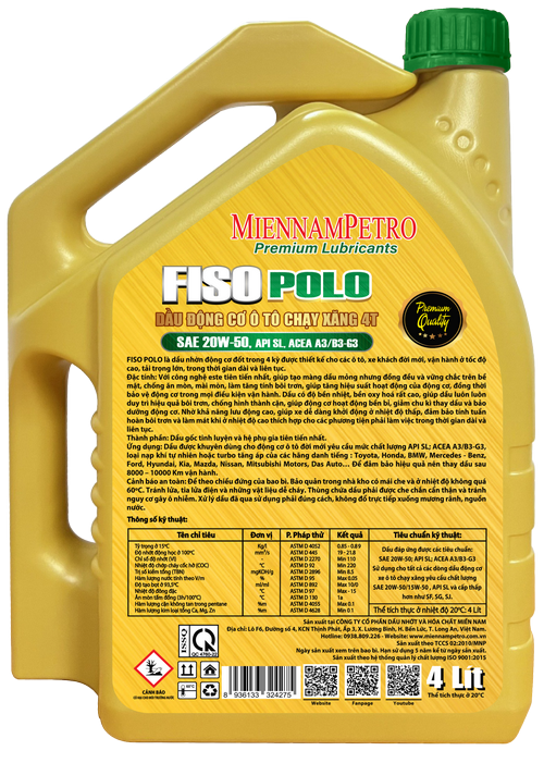Dầu Nhớt MiennamPetro Fiso Polo 10W-40 API SL/CF-4 ACEA A3/B3 4L Bảo Vệ Và Tăng Hiệu Suất Vận Hành Động Cơ Xe Ô Tô