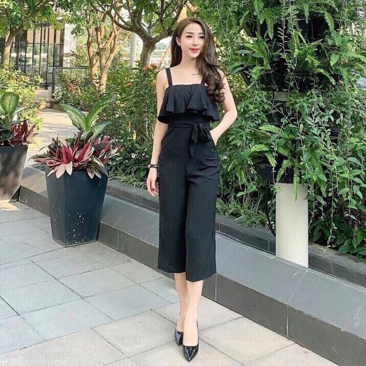 Bộ jumpsuit bèo 2 dây ống rộng có nơ thắt xinh xắn