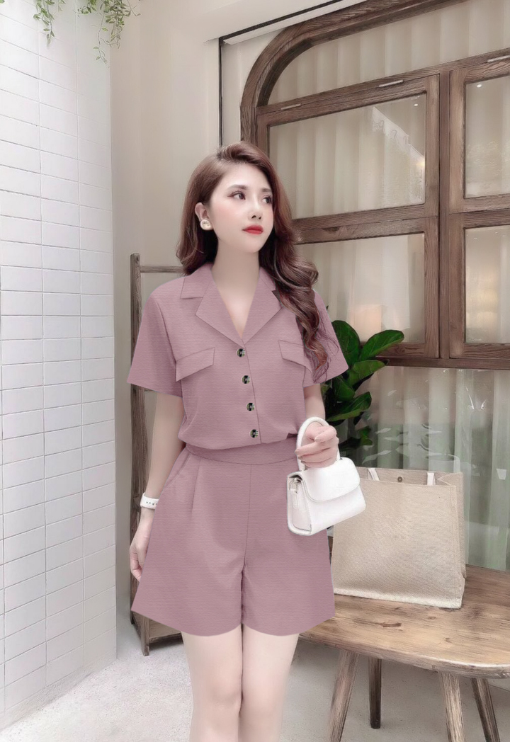 AV6516 - Bộ áo tay ngắn cổ bẻ hai túi và quần short xinh xắn