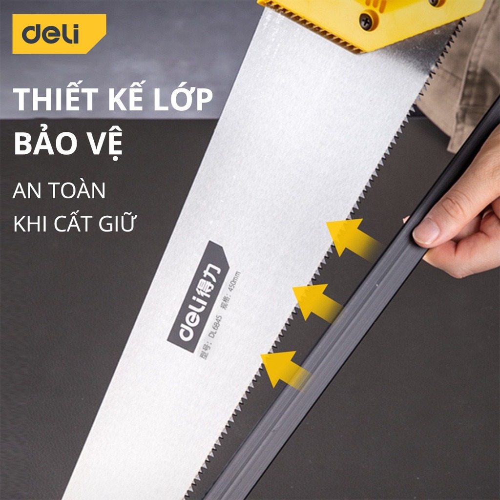 Cưa Cầm Tay Bản Rộng Deli Chính Hãng - Chiều Dài 450mm - Lưỡi Cưa Thép Sắc Bén - Vỏ Bọc An Toàn, Bảo Vệ Lưỡi Cưa - Hàng Chính Hãng - DL6845