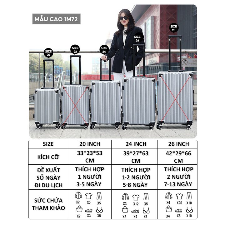Vali Du Lịch Khung Nhôm Vỏ Nhựa PC ABS Đàn Hồi Cao Cấp Chống Bể Vỡ Chống Rạch Khóa 3 Lớp Bảo Hành Đổi Mới