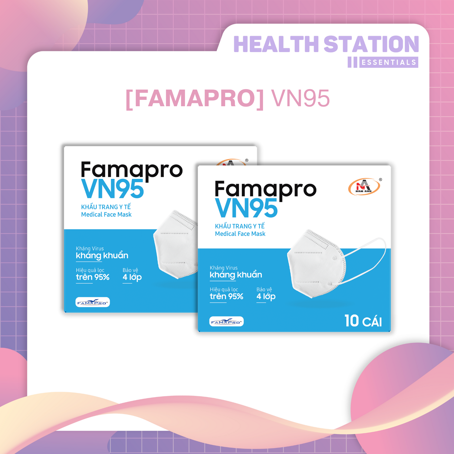 [COMBO 2 HỘP - FAMAPRO VN95] Khẩu trang y tế 4 lớp kháng khuẩn, lọc bụi đạt chuẩn N95 (10cái/ hộp