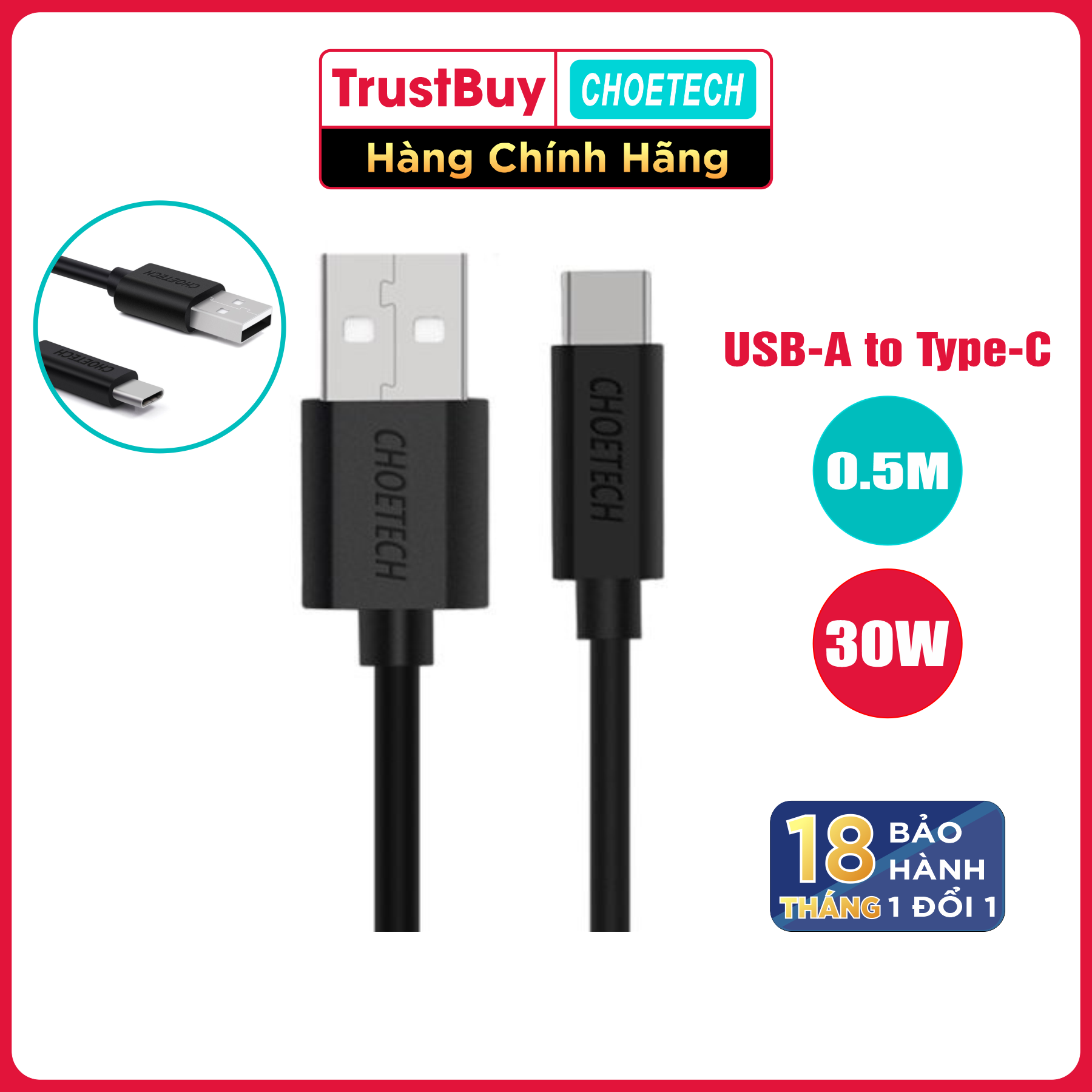 Dây Cáp Sạc Điện Thoại USB to USB Type C 30W Dài 0.5M Đến 2M CHOETECH AC0001/AC0002/AC0003 - Hàng Chính Hãng