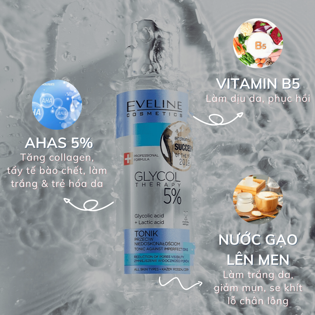 Toner Eveline 5% Glycolic Acid Glycol Therapy Cho Da Căng Bóng Mịn Màng Mờ Thâm Mụn Trẻ Hóa Da 110ml