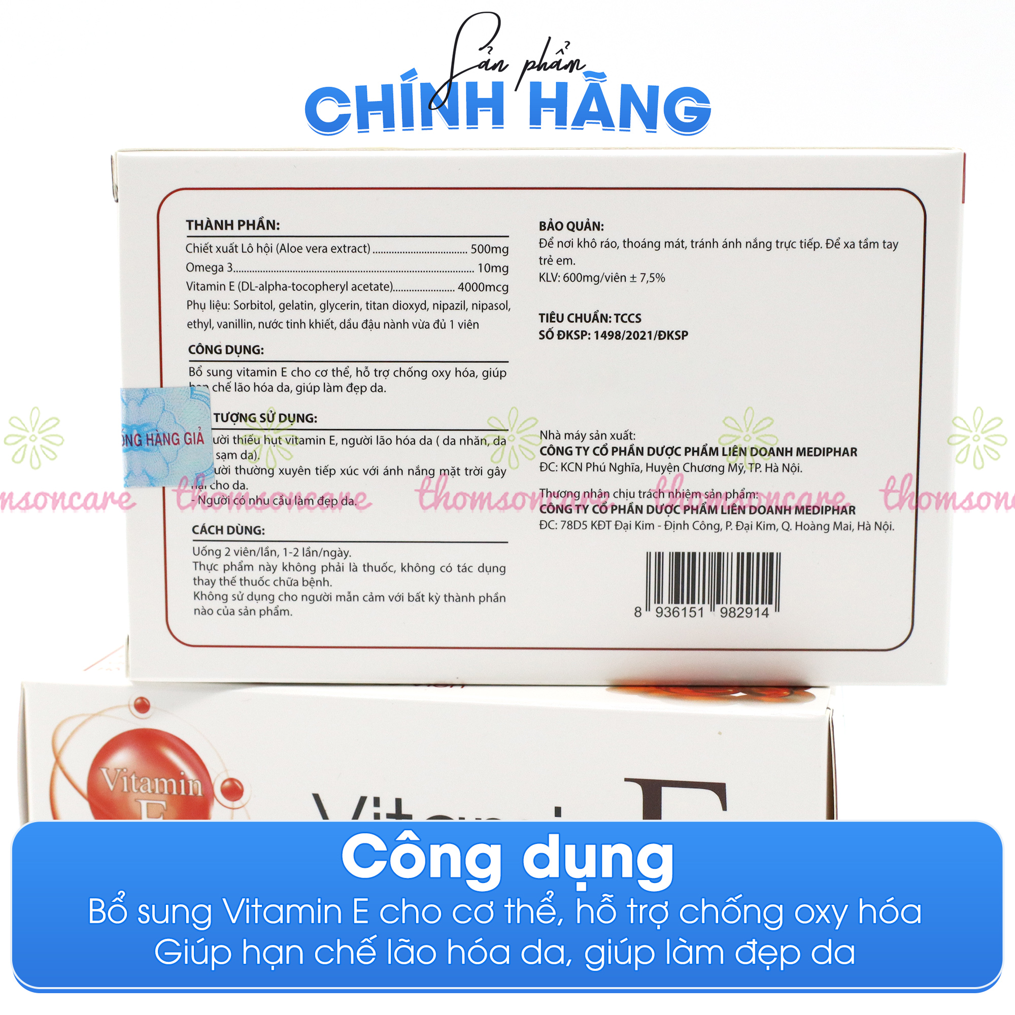 Viên uống Vitamin E đỏ thêm Omega 3, Hộp 30 viên - Bổ sung Vitamin E , chống oxy hóa giúp đẹp da, da sáng đẹp - Thomsoncare