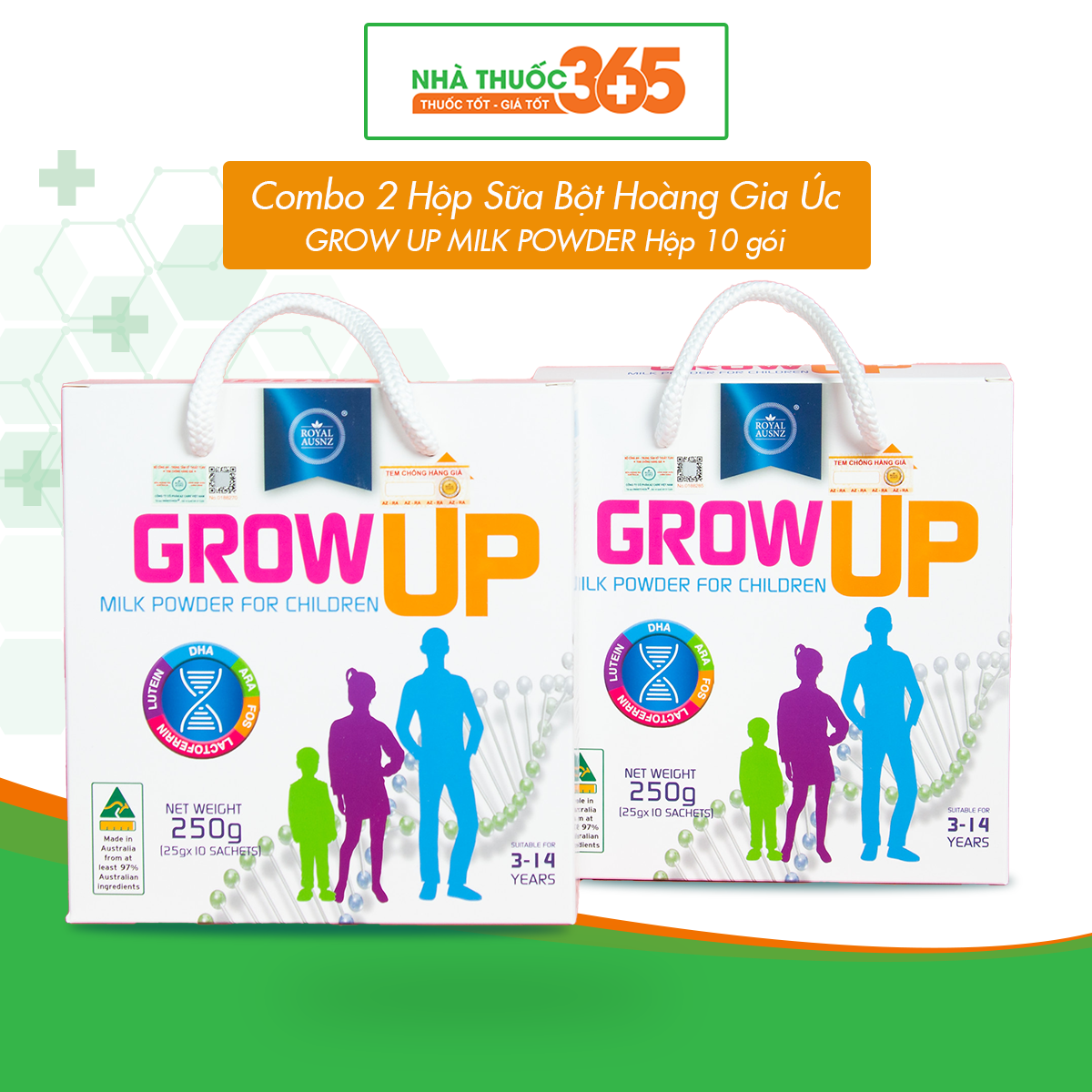 Combo 2 Hộp Sữa Bột Hoàng Gia Úc Royal Ausnz GROW UP MILK POWDER Hỗ Trợ Phát Triển Cho Trẻ Từ 3-14 Tuổi (Hộp 10 Gói)