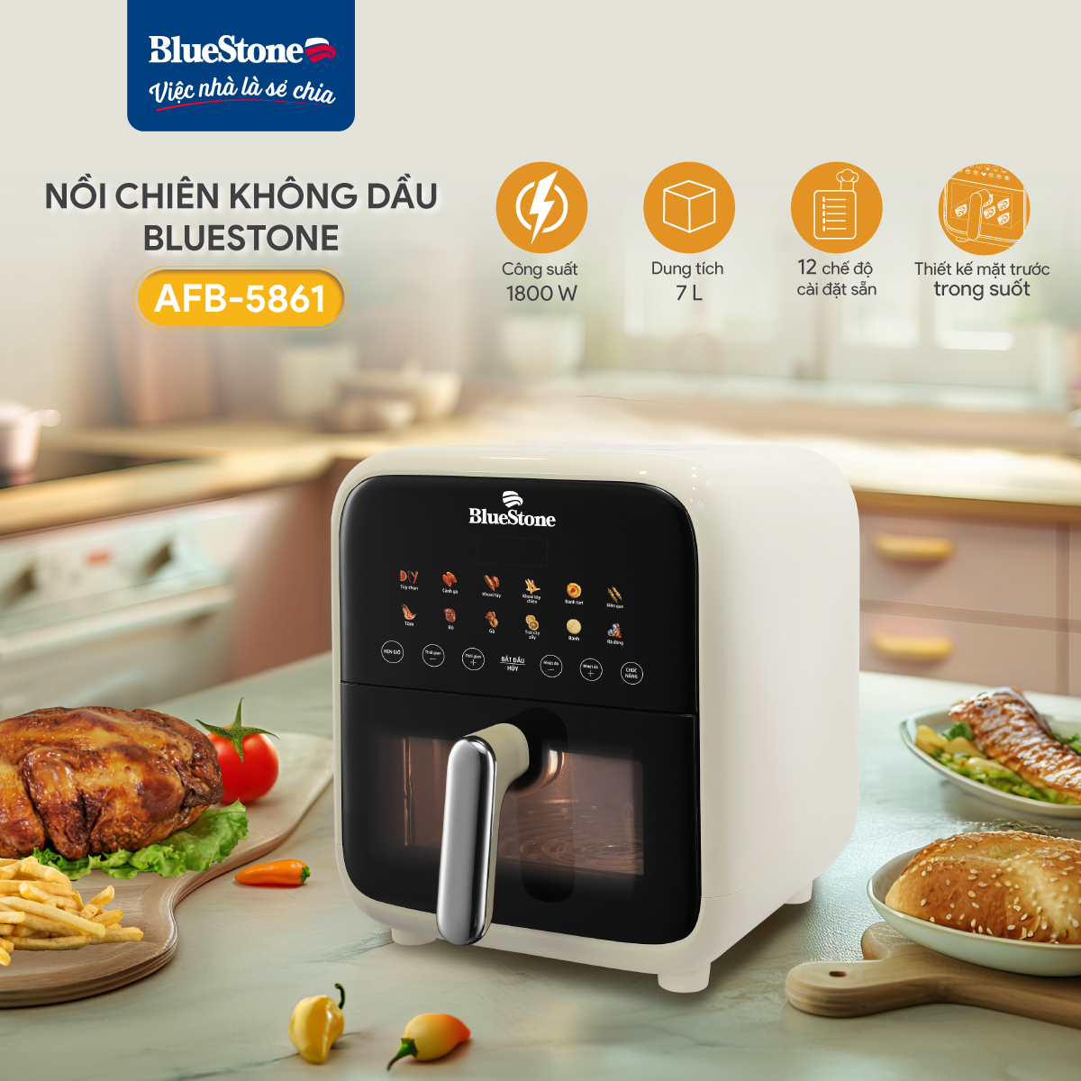 Nồi Chiên Không Dầu BlueStone AFB-5861 7 Lít 1800W - Hàng Chính Hãng