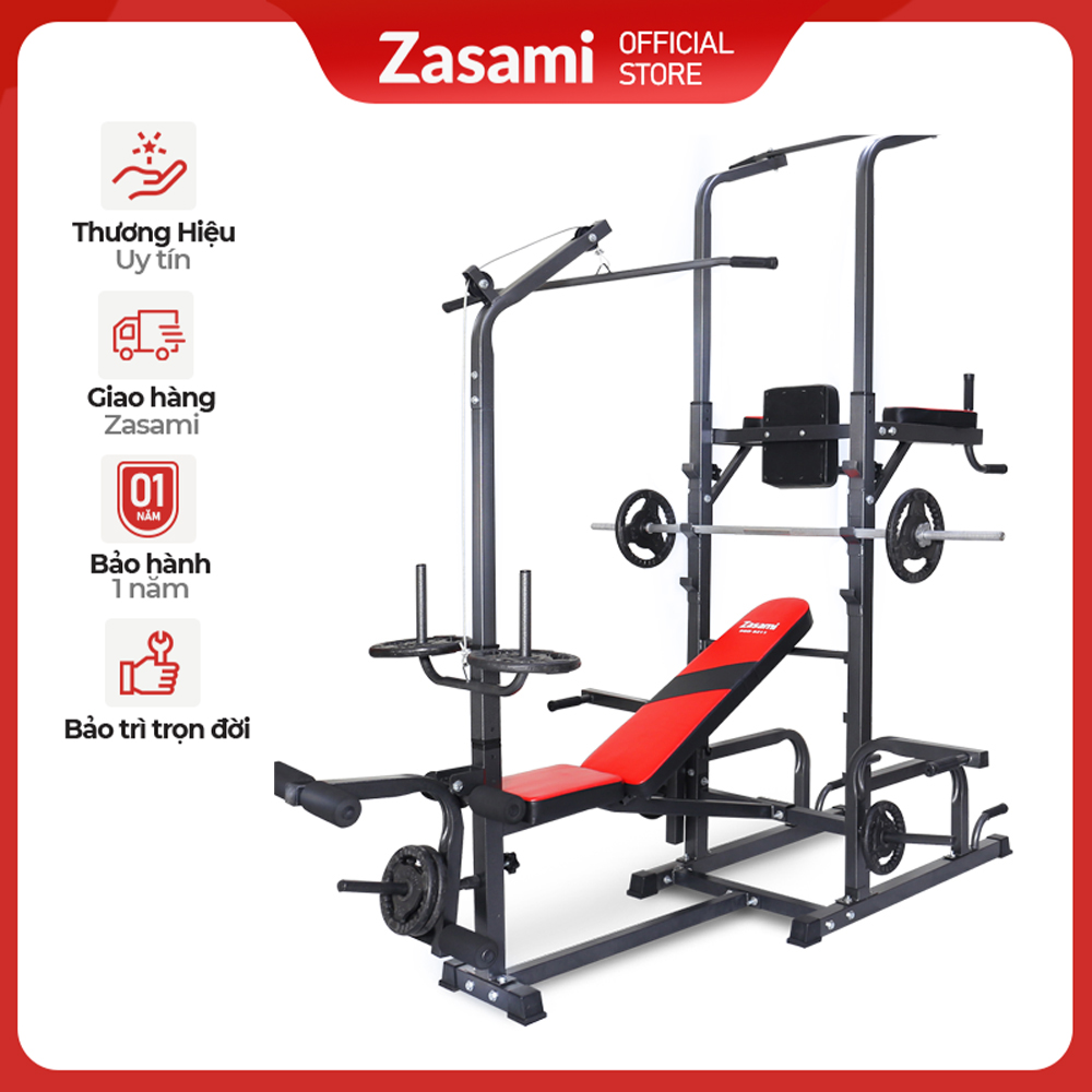 Giàn tạ đa năng kết hợp xà đơn xà kép Zasami 8211 - Kèm 54kg tạ gang , đòn tạ 1m5, 1 găng tay tập tạ