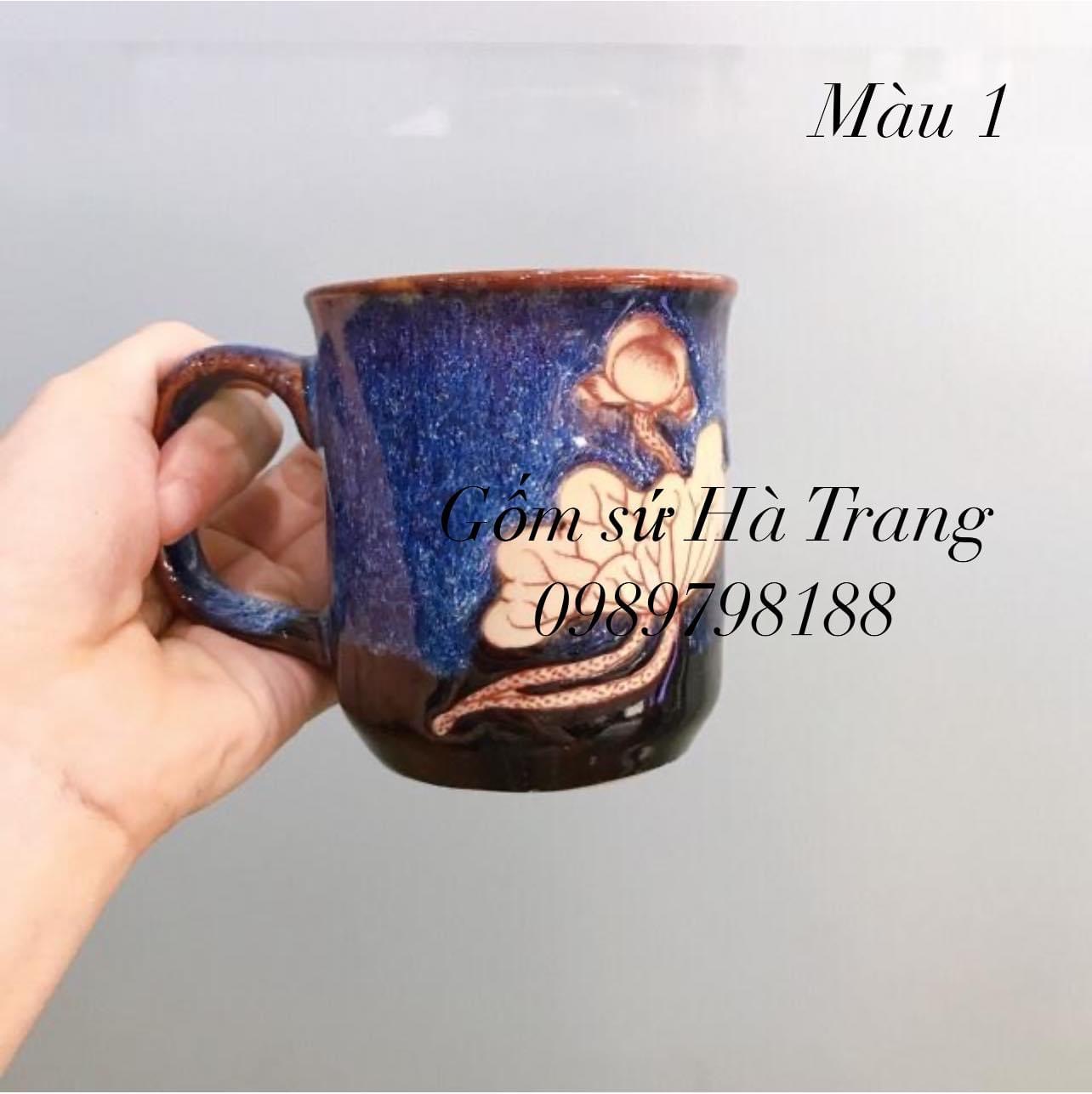 Cốc sứ Bát Tràng cao cấp men hoả biến thiên thanh khắc sen chìm Dung tích 250ml