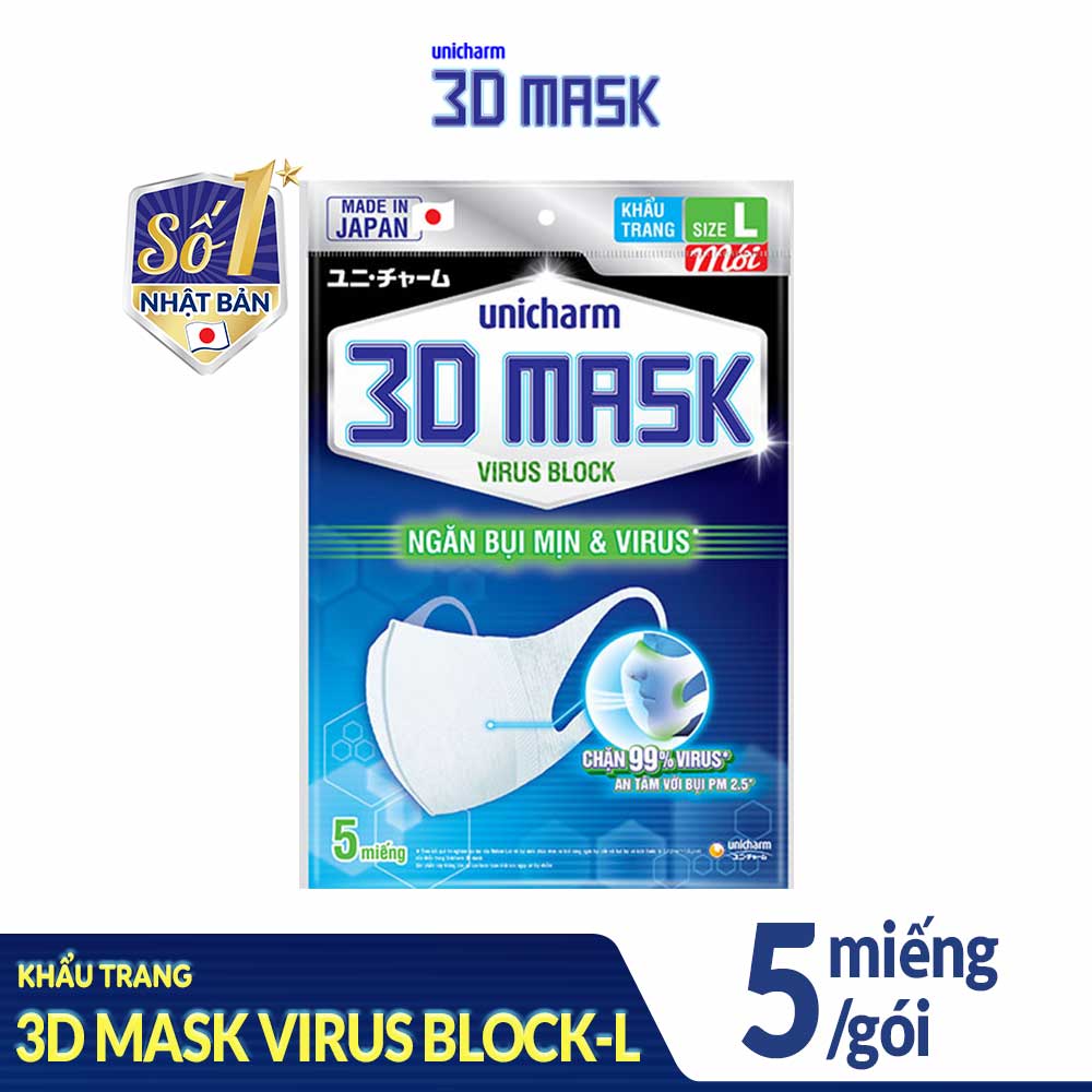 Khẩu Trang Unicharm 3DMask Virus Block size L (Ngăn được bụi mịn PM2.5) gói 5 miếng