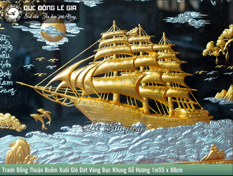 Tranh Đồng Thuận Buồm Xuôi Gió dát vàng bạc khung gỗ hương 1m55 x 88cm