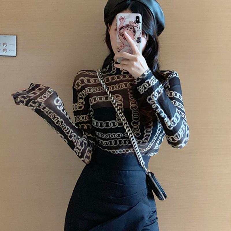 Áo thun lưới dài tay họa tiết hoa phong cách Hàn Quốc dành cho nữ