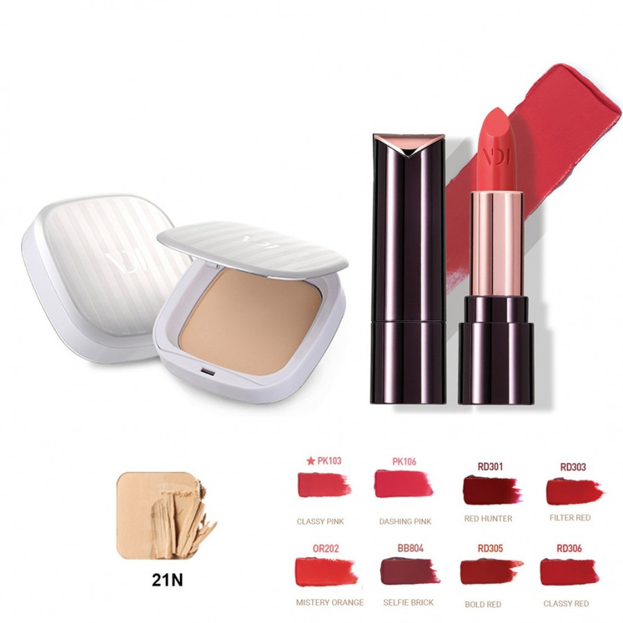 Bộ trang điểm VDIVOV son môi Lip Cut Rouge RD306 CLASSY RED 3.8g và phấn phủ mịn mượt Silk Wear Powder Pact 21N Sand Ivory SPF30 PA++ 13g