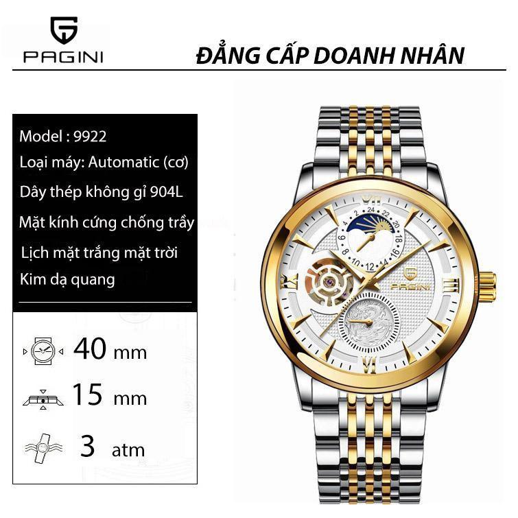 Đồng Hồ Cơ Nam PAGINI Automatic PA9922 Kim Dạ Quang Dây Thép Không Gỉ Cao Cấp