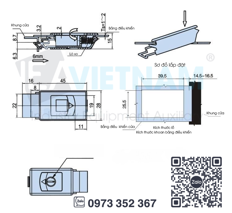 Khóa tủ điện nhựa ABS, Khóa cửa tủ DK725-3B, Khóa nhựa LS735