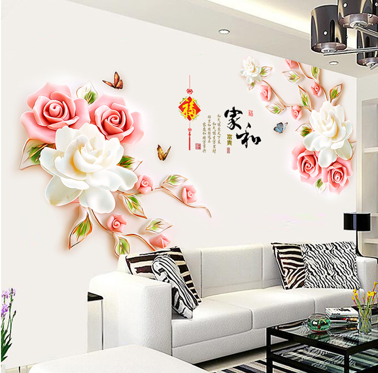 Decal trang trí tường - Hoa Hồng 3D chữ Gia Hòa sang trọng