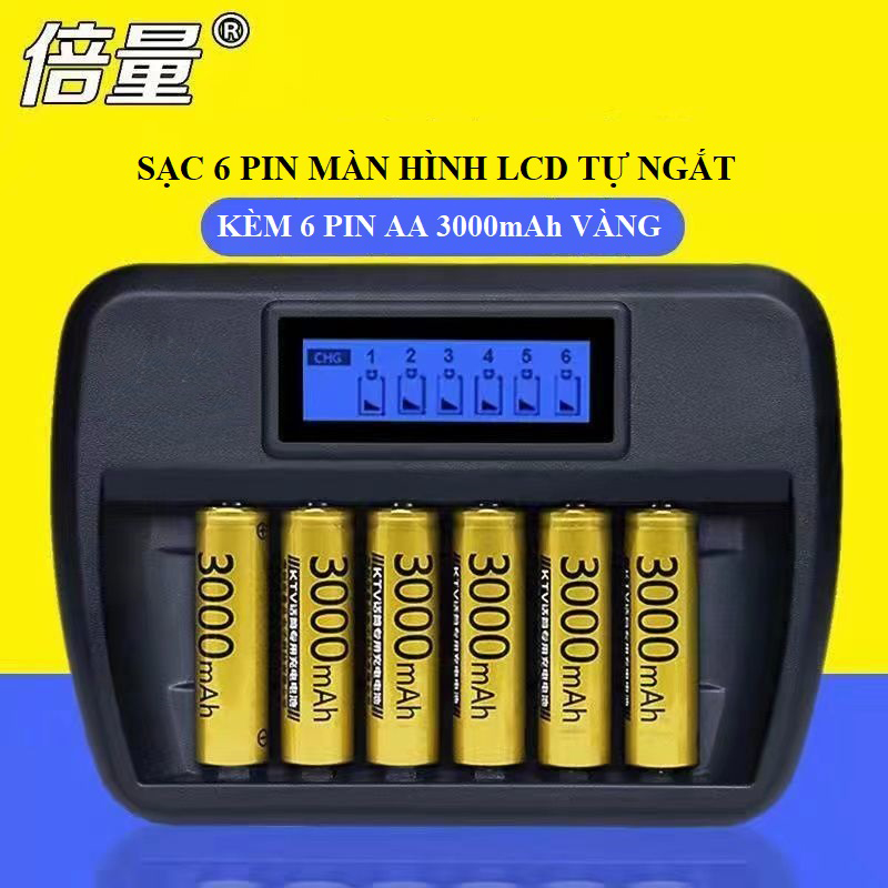 Bộ sạc pin 6 viên AA/AAA thông minh K66 tặng kèm 6 pin 3000mAh Vàng